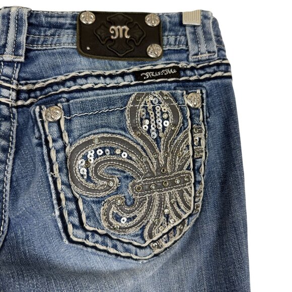 Miss Me Easy Bootcut Jeans 26 Fleur-De-Lis Embellished Ripped Patch Grunge - Picture 11 of 14